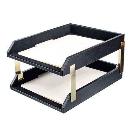 Dacasso Classic Black Leather Front-load Letter Trays with Gold Stacking Posts AG-1020